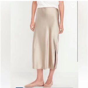 Satin Champagne Midi Skirt with Slit